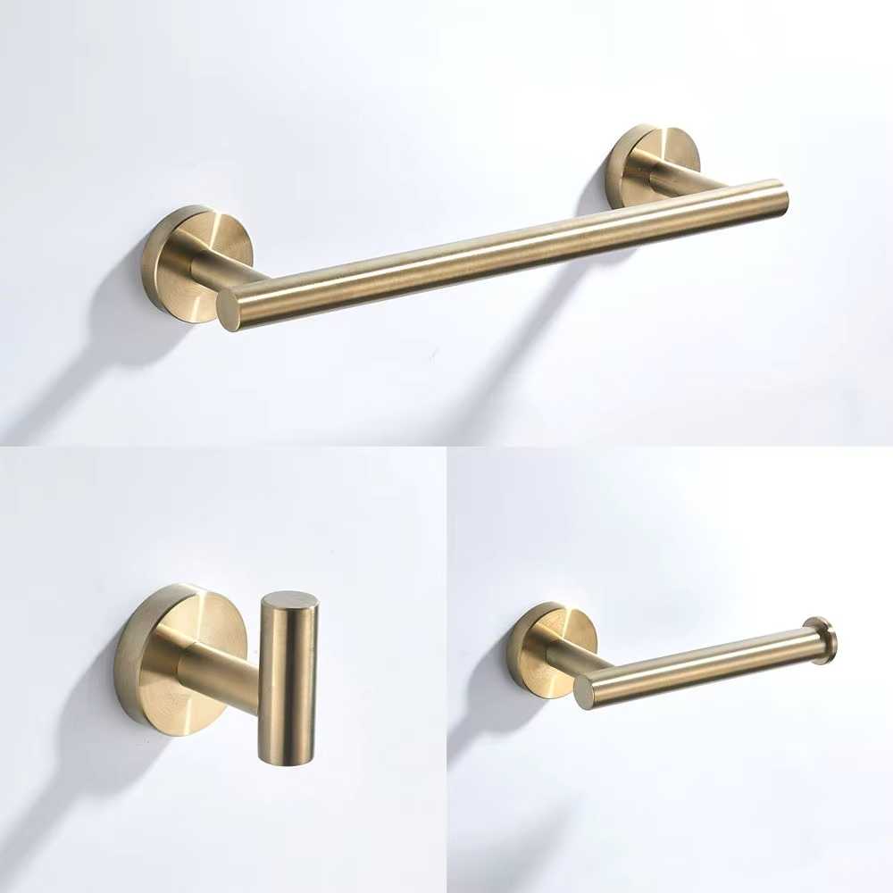 Brushed brass gold towel rail, toilet roll holder, robe hook